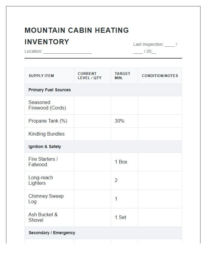 Mountain Cabin Heating Supply Inventory Printable Chart