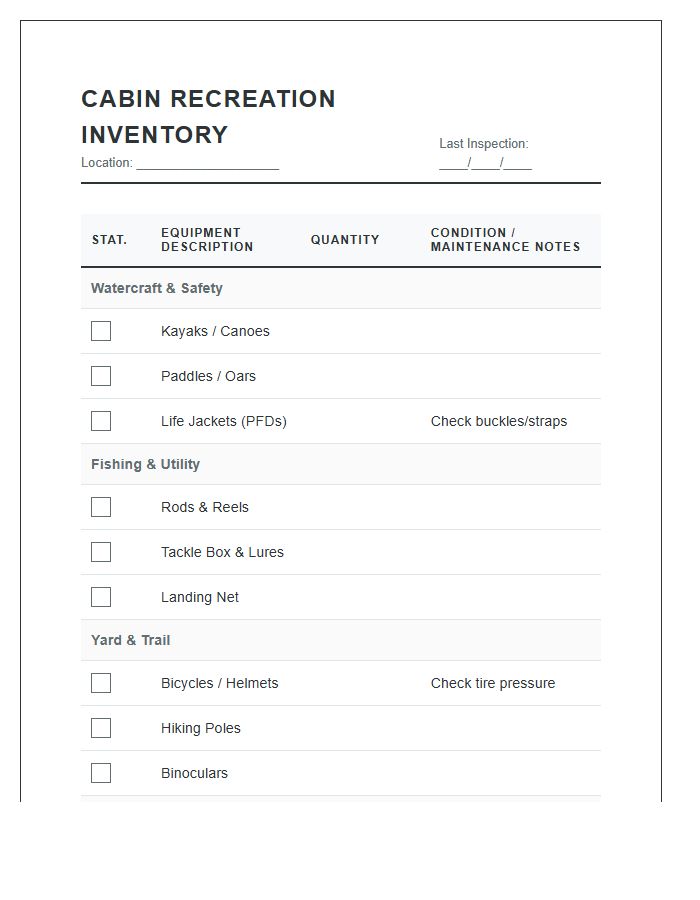 Outdoor Cabin Recreation Equipment Inventory Printable Chart