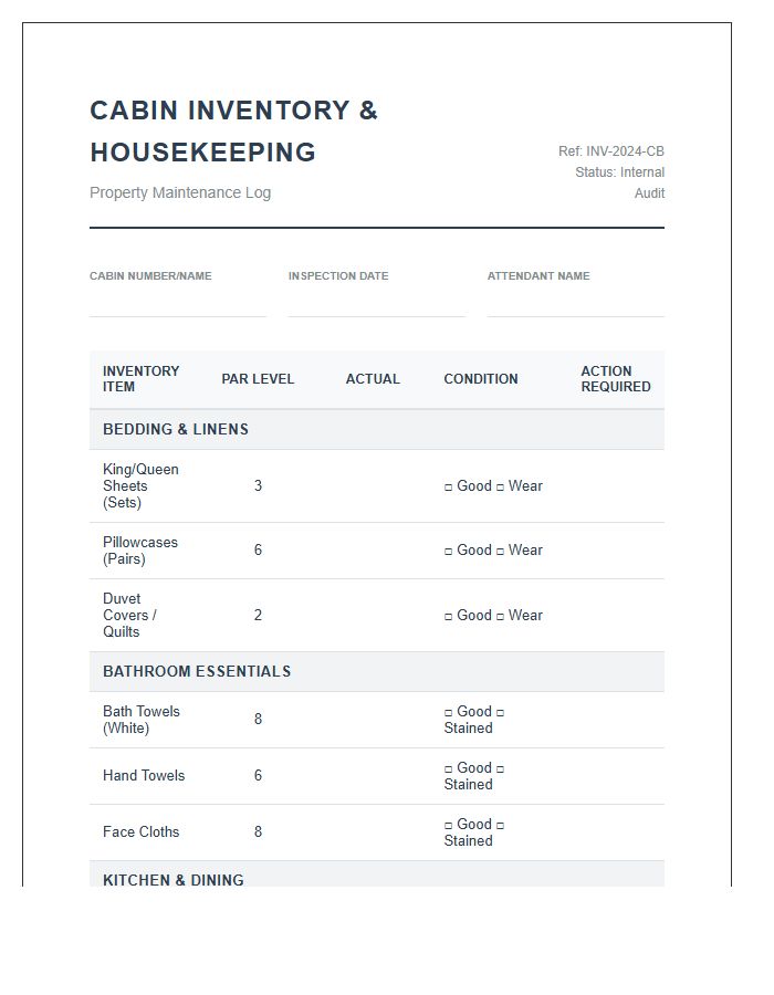 Professional Cabin Housekeeping Inventory Printable Chart