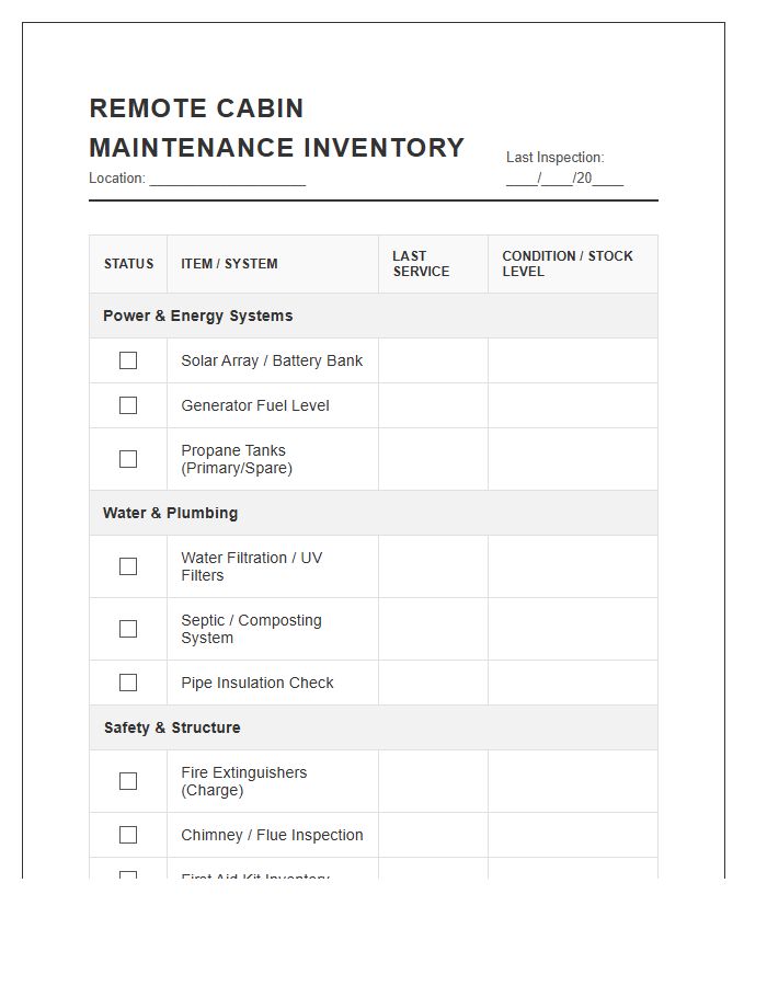 Remote Cabin Maintenance Inventory Printable Chart