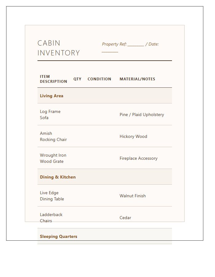 Rustic Cabin Furniture Inventory Printable Chart