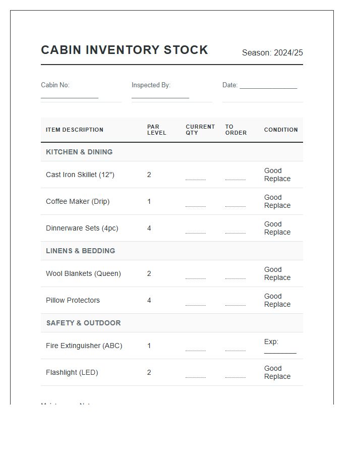 Seasonal Campground Cabin Stock Inventory Printable Chart