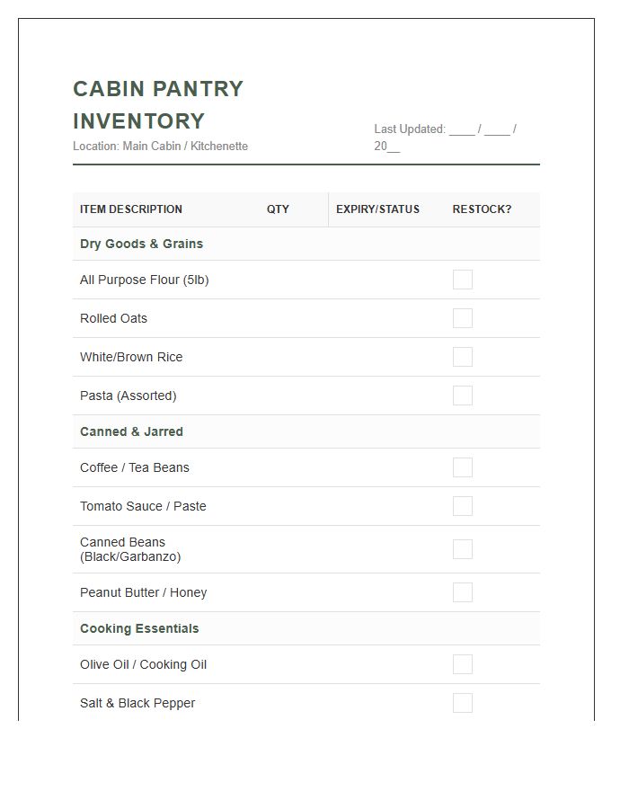 Small Cabin Pantry Supply Inventory Printable Chart