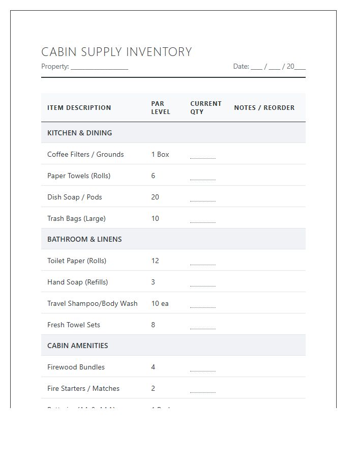 Vacation Rental Cabin Supply Inventory Printable Chart