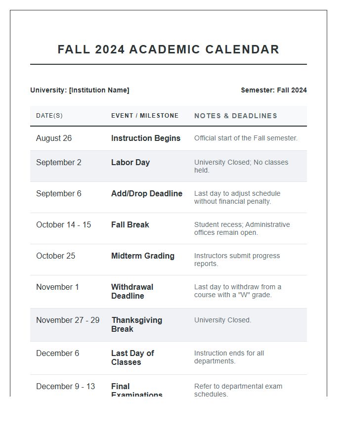 College Semester Academic Calendar Printable Chart