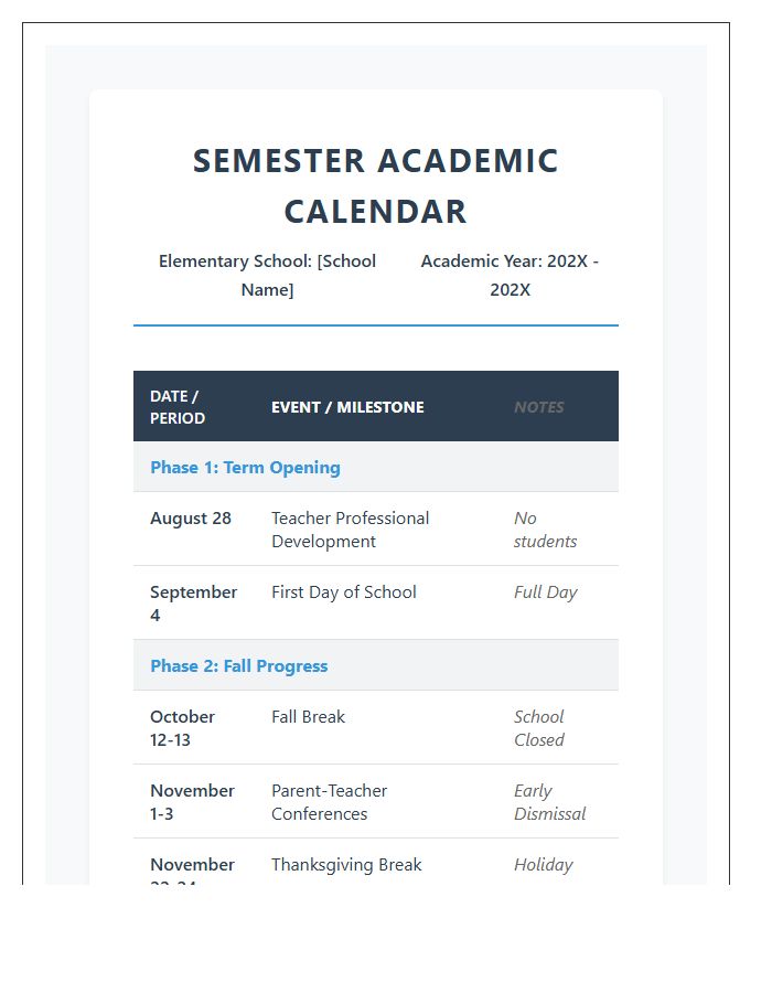 Elementary School Semester Academic Calendar Printable Chart