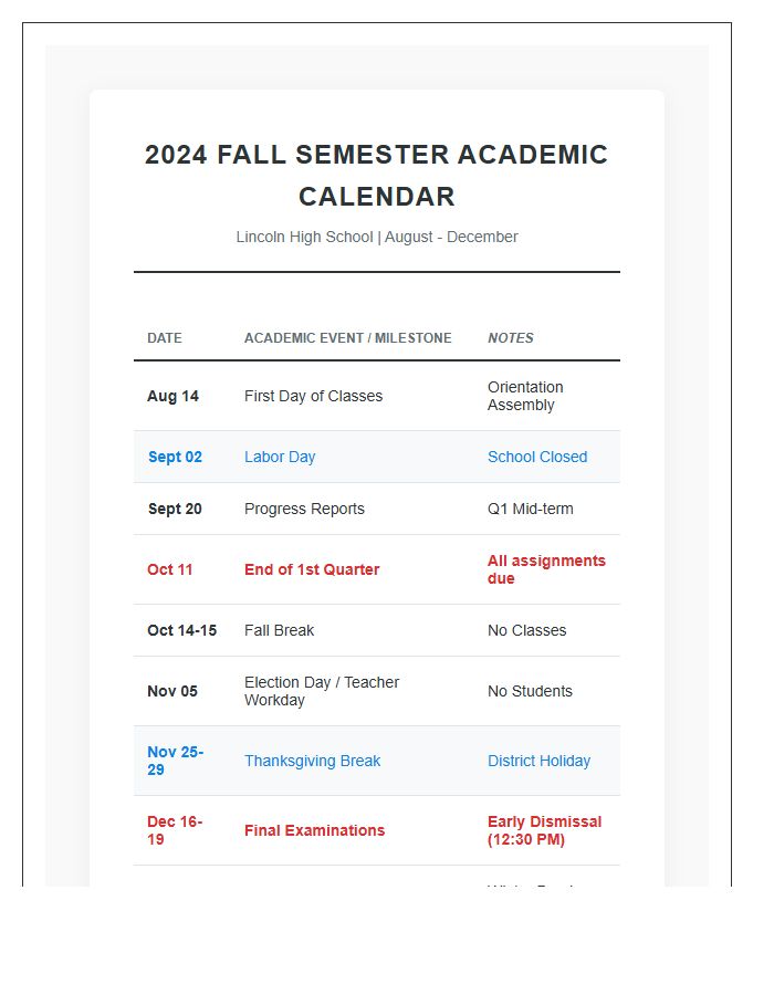 High School Semester Academic Calendar Printable Chart