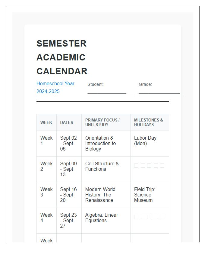 Homeschool Semester Academic Calendar Printable Chart