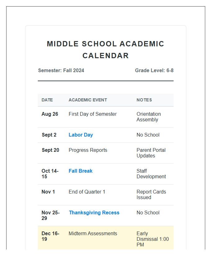 Middle School Semester Academic Calendar Printable Chart