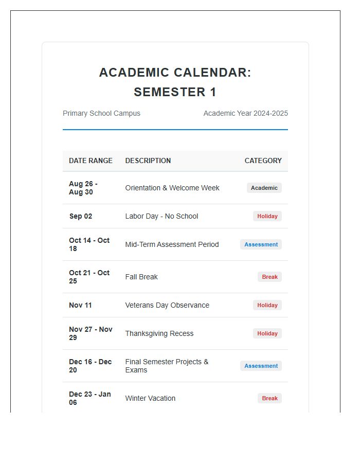 Primary School Semester Academic Calendar Printable Chart