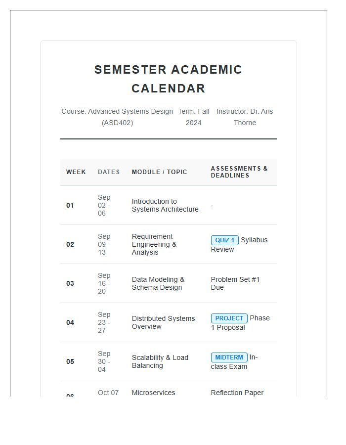 Semester Academic Calendar Assessment Printable Chart