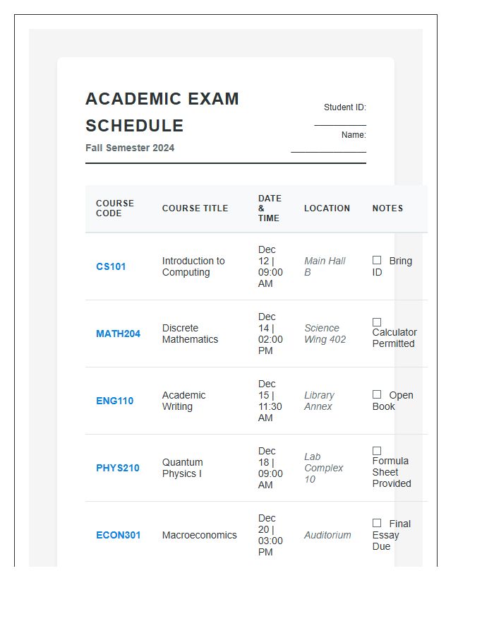 Semester Academic Calendar Exam Printable Chart