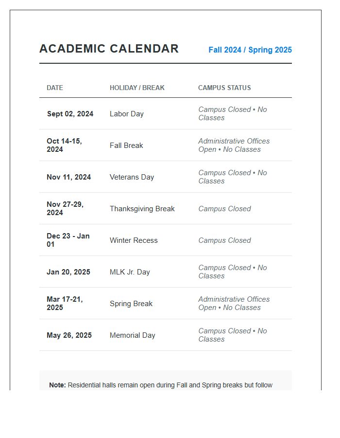 Semester Academic Calendar Holiday Printable Chart