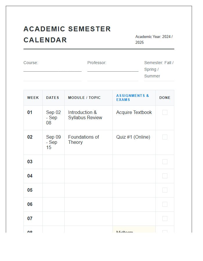 Semester Academic Calendar Organizer Printable Chart