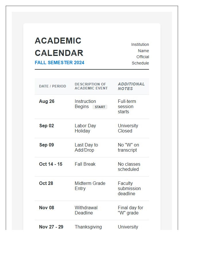 Semester Academic Calendar Overview Printable Chart