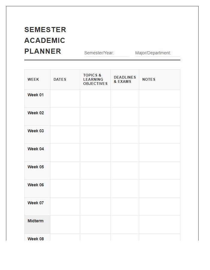 Semester Academic Calendar Planner Printable Chart