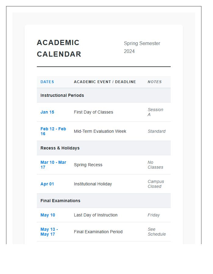 Semester Academic Calendar Schedule Printable Chart