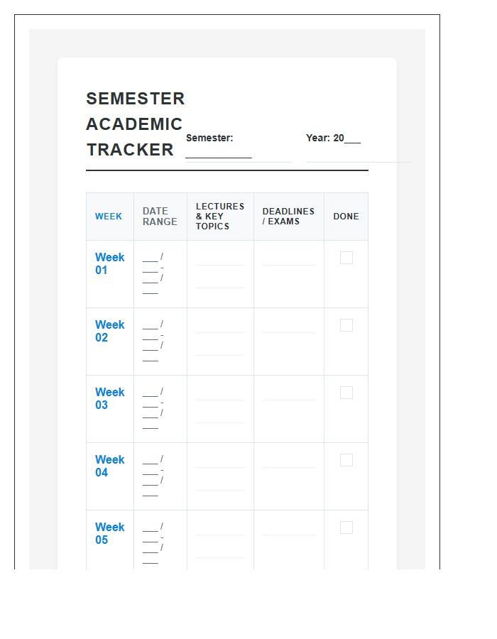 Semester Academic Calendar Tracking Printable Chart