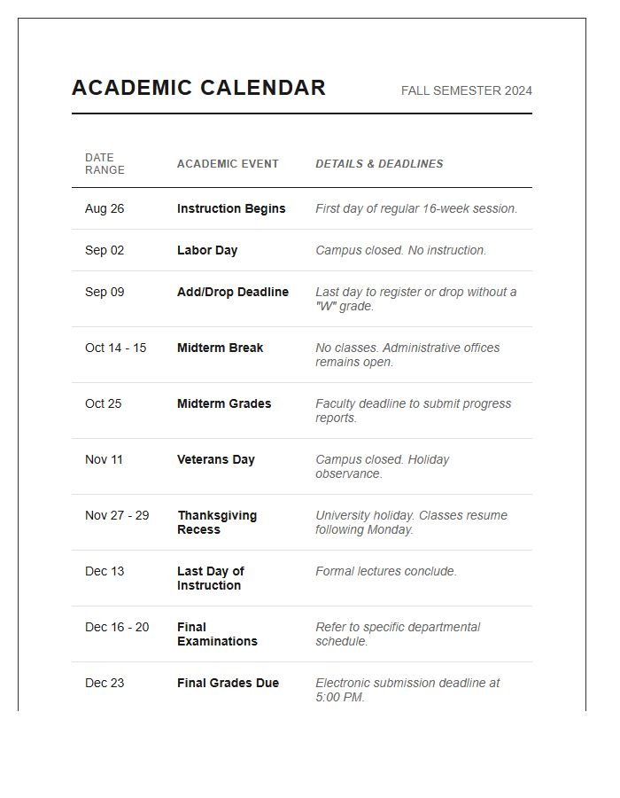 Single Semester Academic Calendar Printable Chart