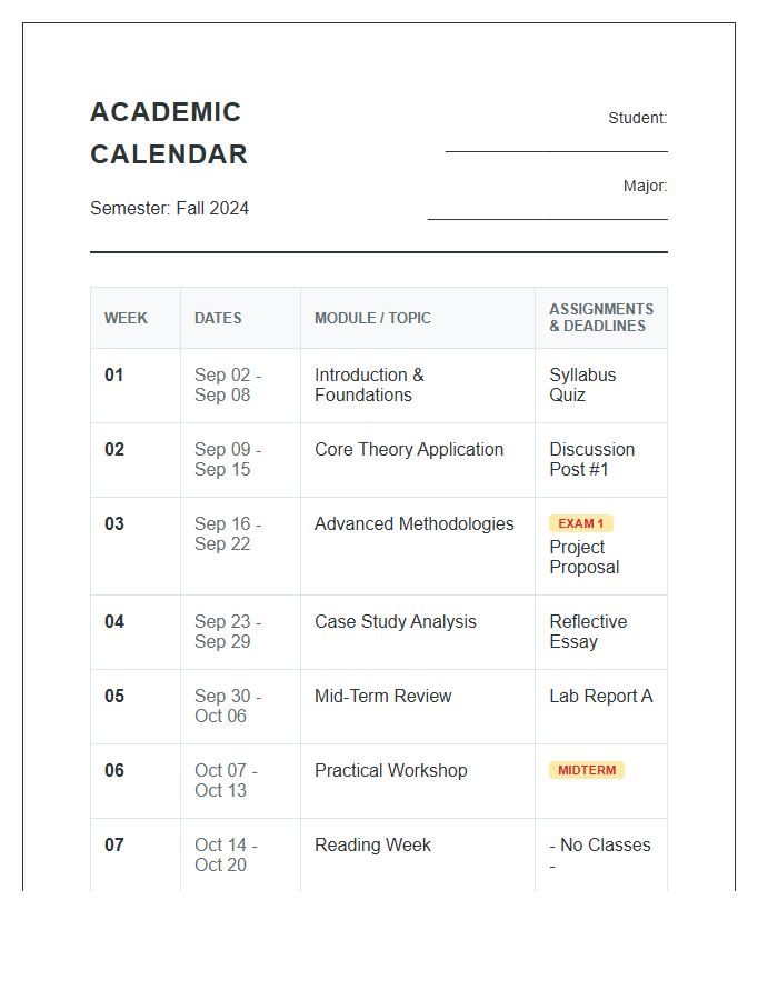 Student Semester Academic Calendar Printable Chart
