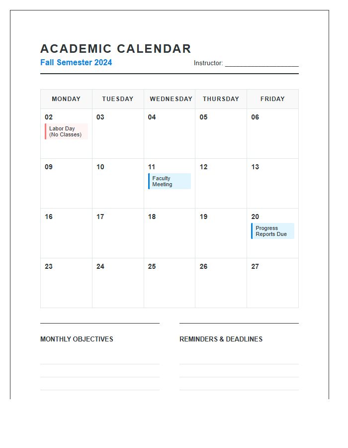 Teacher Semester Academic Calendar Printable Chart