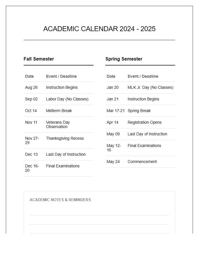Two Semester Academic Calendar Printable Chart