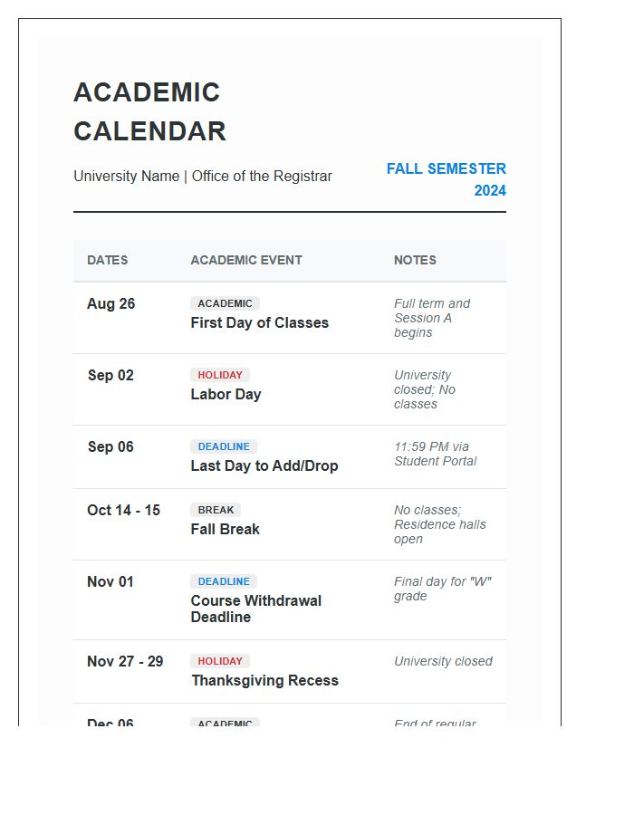University Semester Academic Calendar Printable Chart