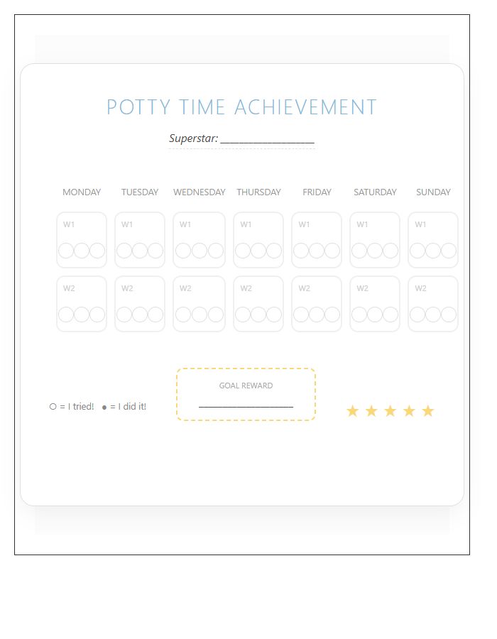 Potty Time Achievement Toddler Printable Progress Chart