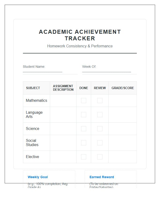 Academic Achievement Homework Consistency Rewards Printable Chart