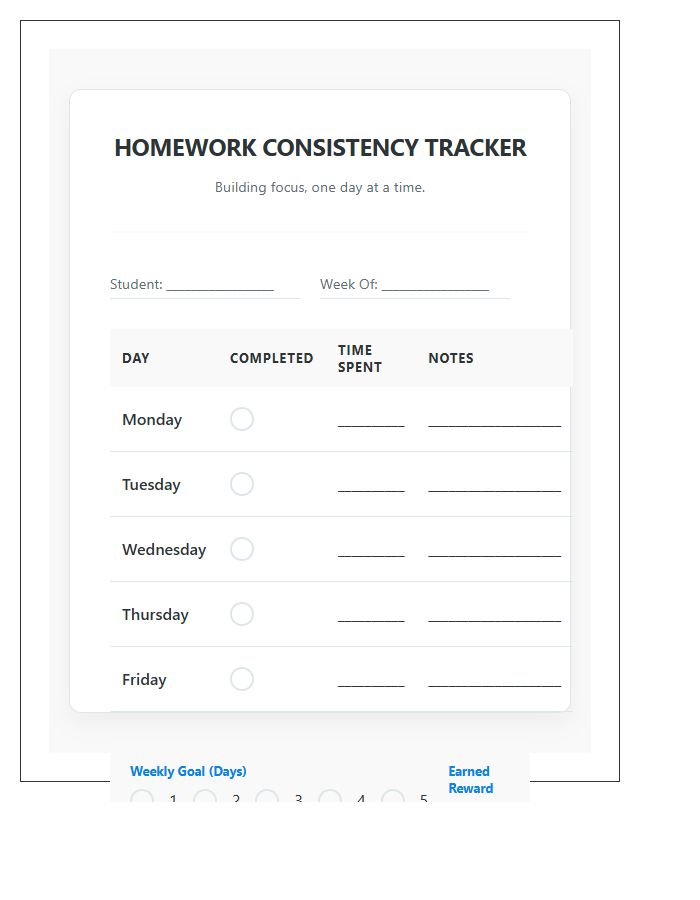 After School Homework Consistency Rewards Printable Chart