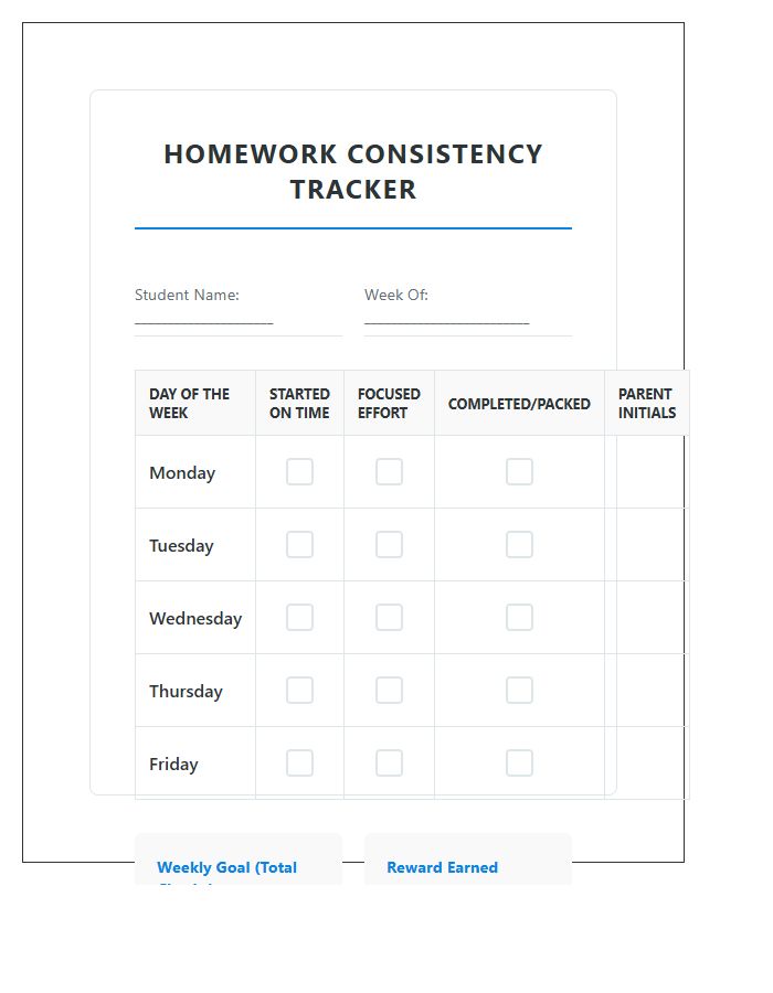 Behavioral Incentive Homework Consistency Rewards Printable Chart