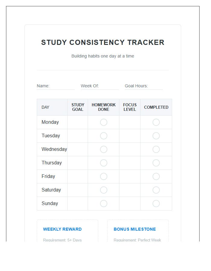 Consistent Study Habits Homework Consistency Rewards Printable Chart