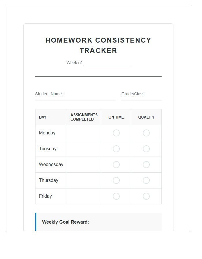 Daily Student Homework Consistency Rewards Printable Chart