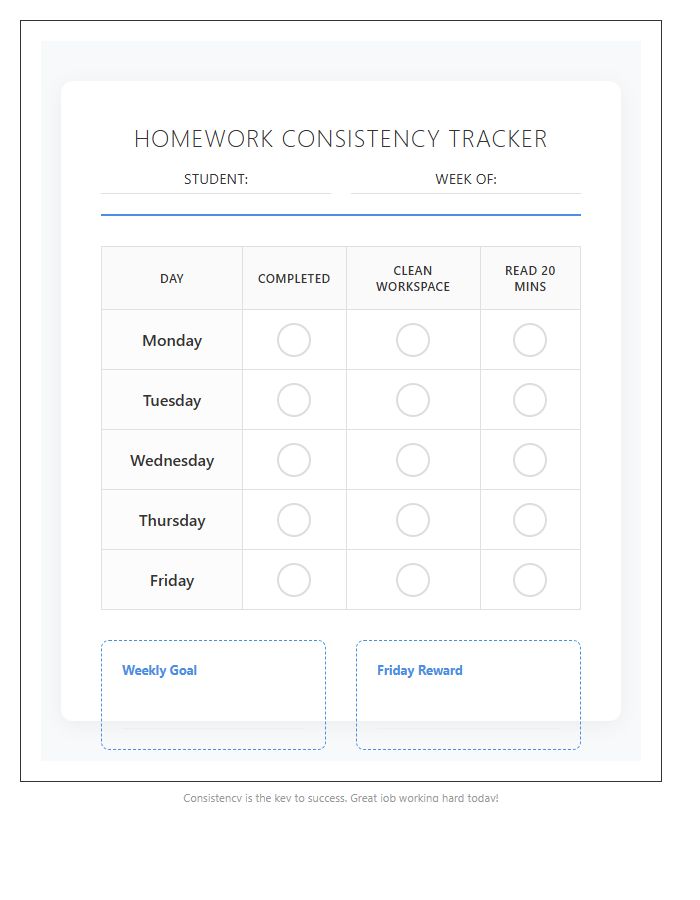 Elementary Student Homework Consistency Rewards Printable Chart