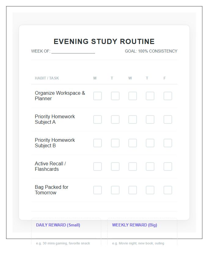 Evening Study Routine Homework Consistency Rewards Printable Chart