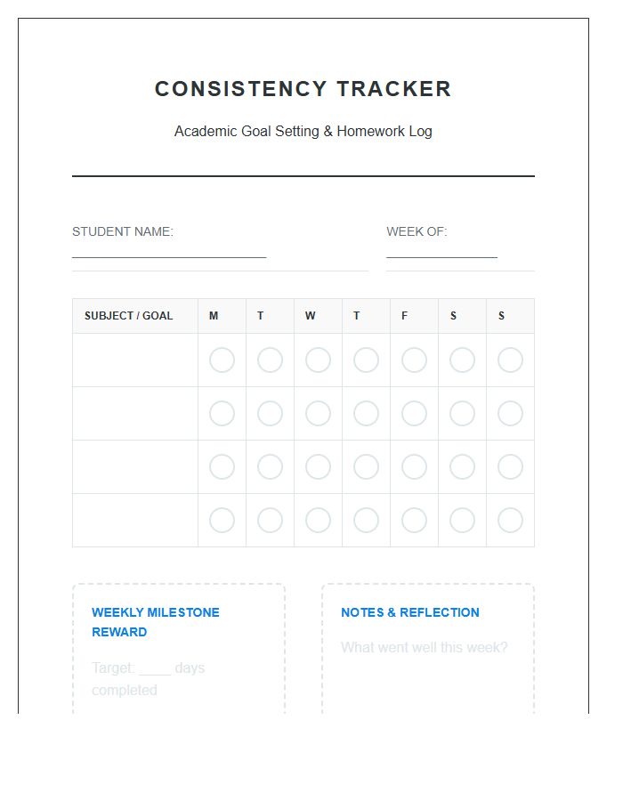 Goal Setting Homework Consistency Rewards Printable Chart