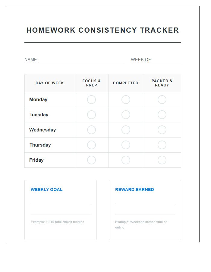 Middle School Homework Consistency Rewards Printable Chart