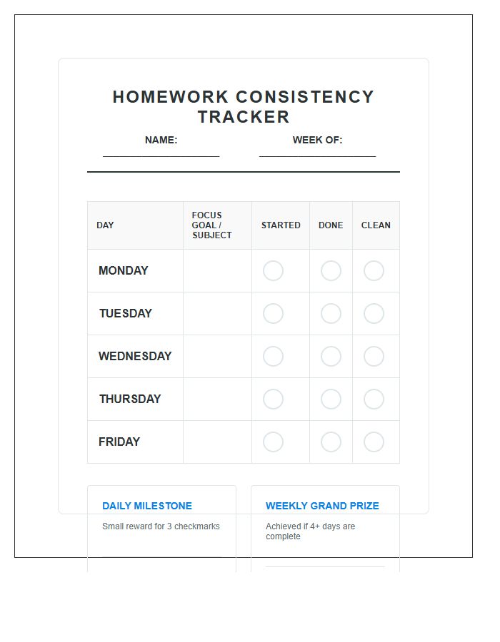 Motivation System Homework Consistency Rewards Printable Chart