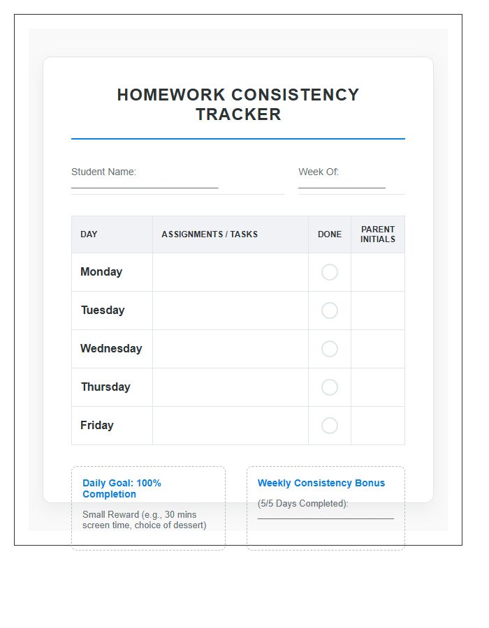 Organized Student Homework Consistency Rewards Printable Chart