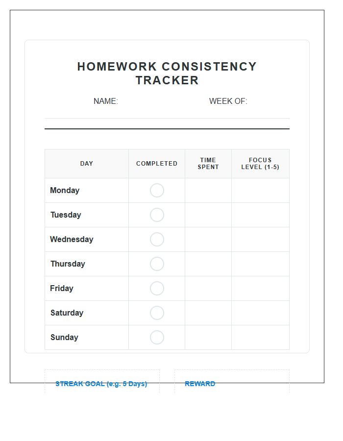 Progress Tracking Homework Consistency Rewards Printable Chart