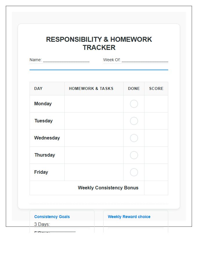 Responsibility Tracking Homework Consistency Rewards Printable Chart