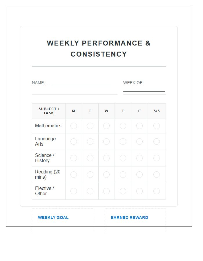 Weekly Performance Homework Consistency Rewards Printable Chart