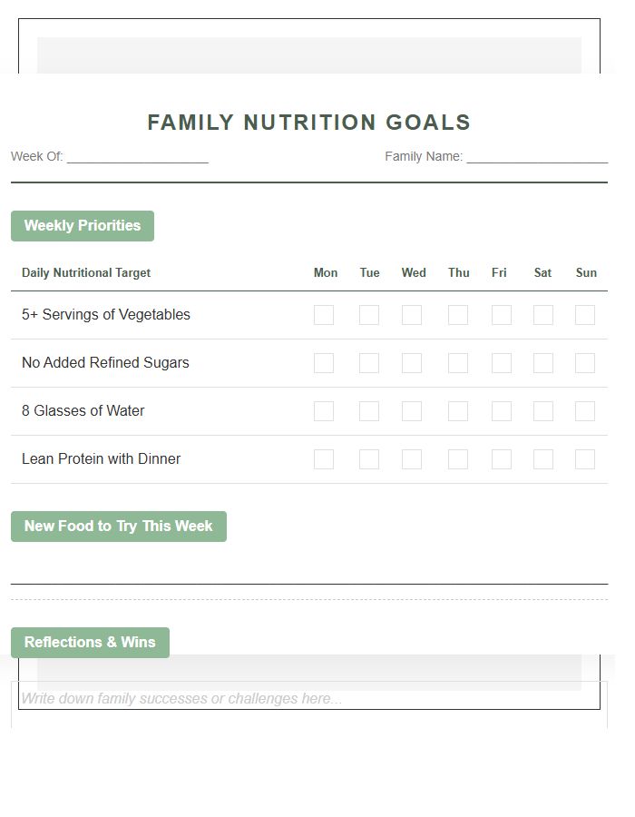Family Nutrition Goal Printable Chart
