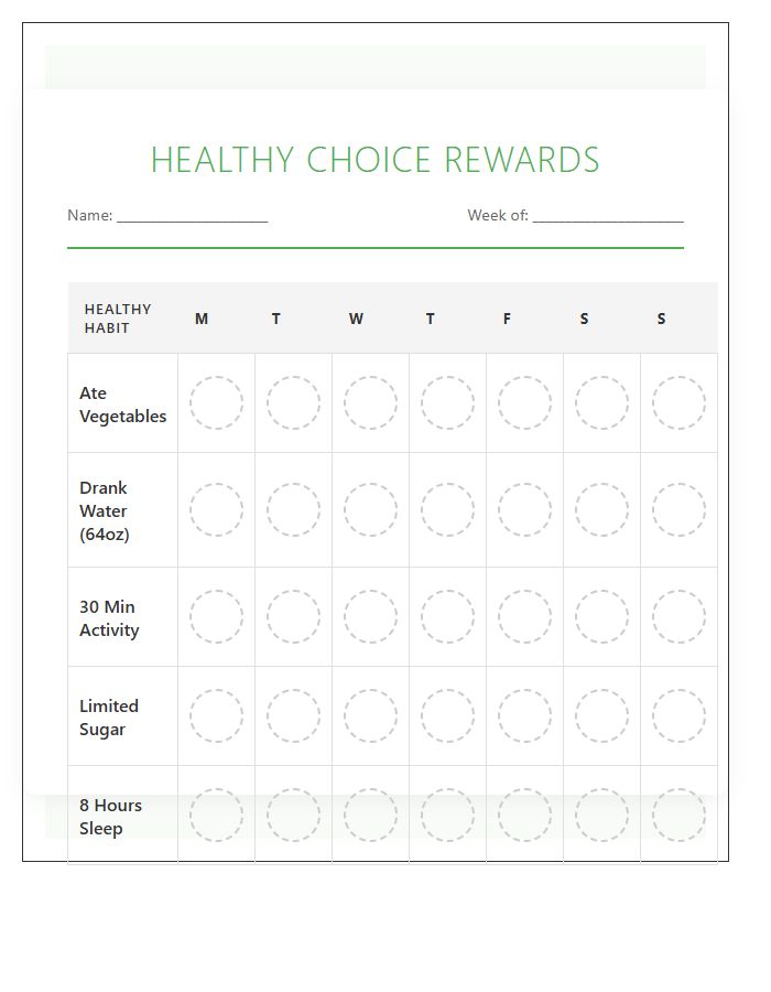 Healthy Choice Sticker Reward Printable Chart