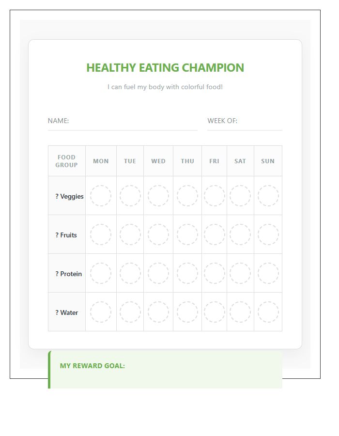 Preschool Healthy Eating Incentive Printable Chart