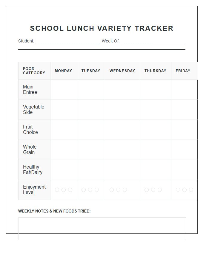 School Lunch Variety Tracker Printable Chart