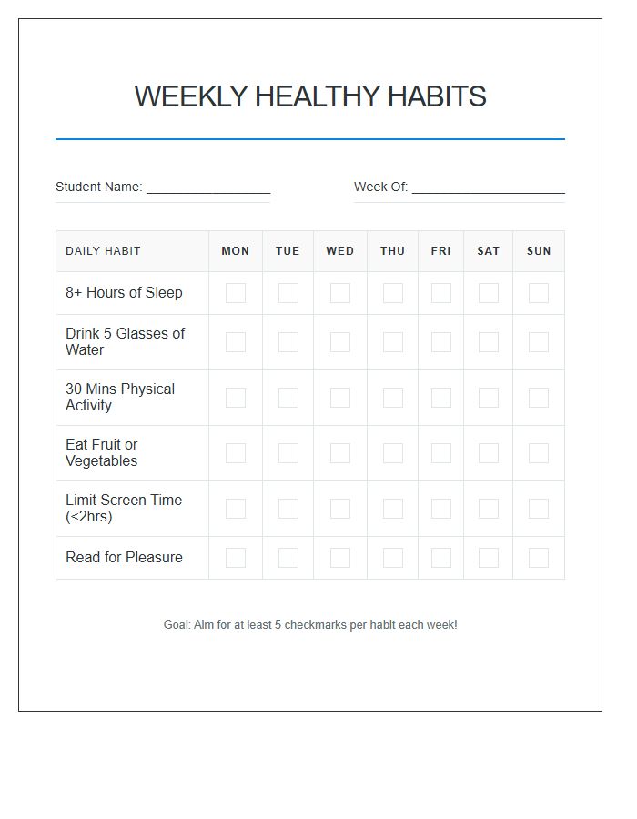 Student Healthy Habits Printable Chart