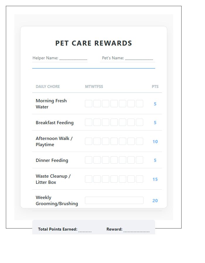 Family Pet Chore Rewards Printable Chart
