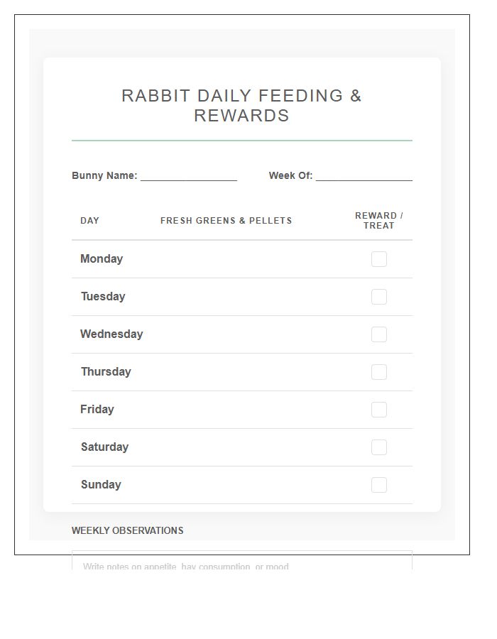 Rabbit Daily Feeding Rewards Printable Chart