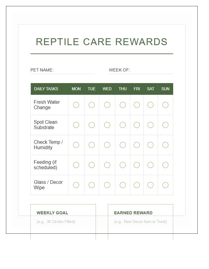 Reptile Habitat Care Rewards Printable Chart